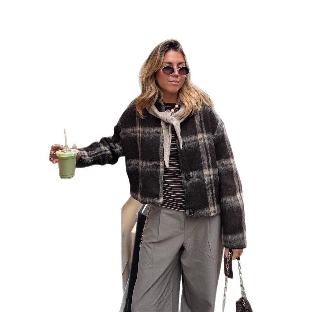 Damen Kurze karierte Bouclé‑Jacke mit kastiger Silhouette und Knopfleiste Nord Taschen
