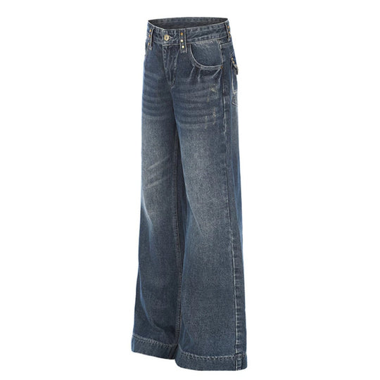 Damen Weite High‑Waist Denim Palazzo-Jeans mit weitem Bein und Vintage-Waschung Nord Taschen