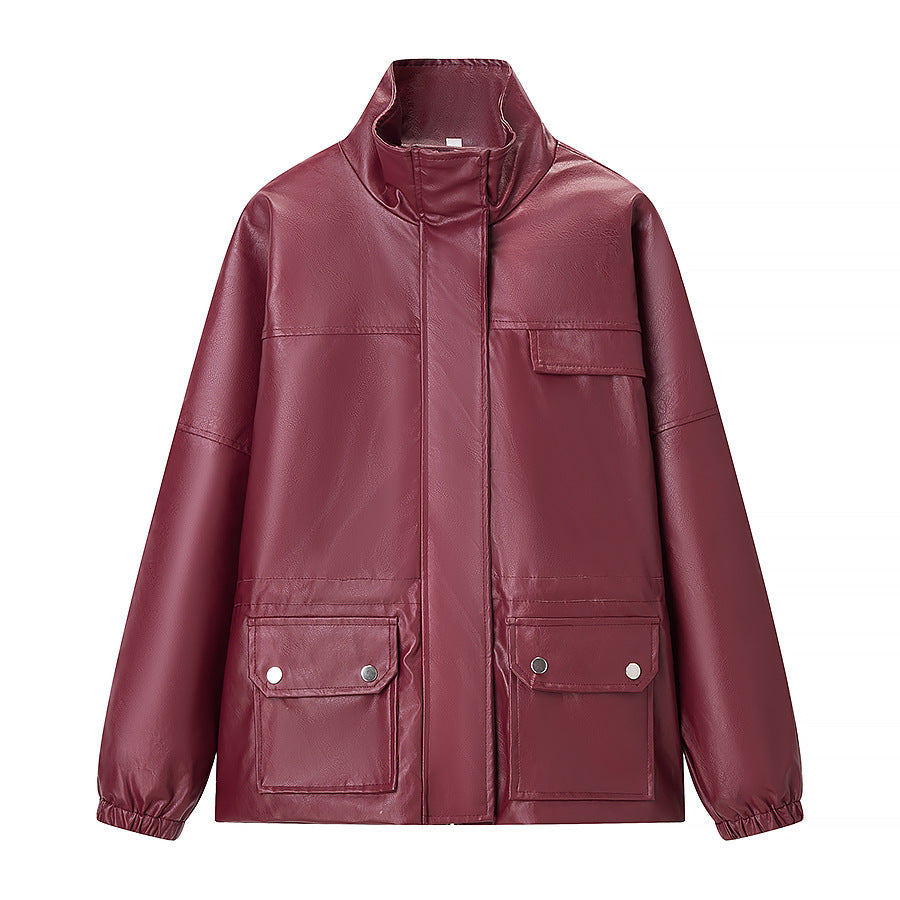 Damen Wasserabweisende Kunstleder-Utility-Jacke mit Stehkragen und aufgesetzten Pattentaschen Nord Taschen