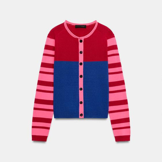 Damen Strickcardigan mit Colorblock-Front und gestreiften Ärmeln Nord Taschen