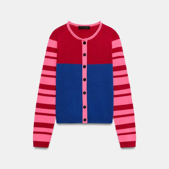 Damen Strickcardigan mit Colorblock-Front und gestreiften Ärmeln Nord Taschen