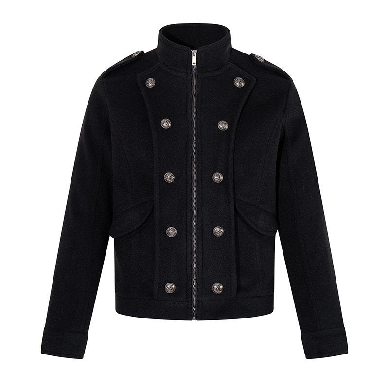 Herren kurze militärisch inspirierte Wolljacke mit Stehkragen & doppelreihigen Zierknöpfen Nord Taschen