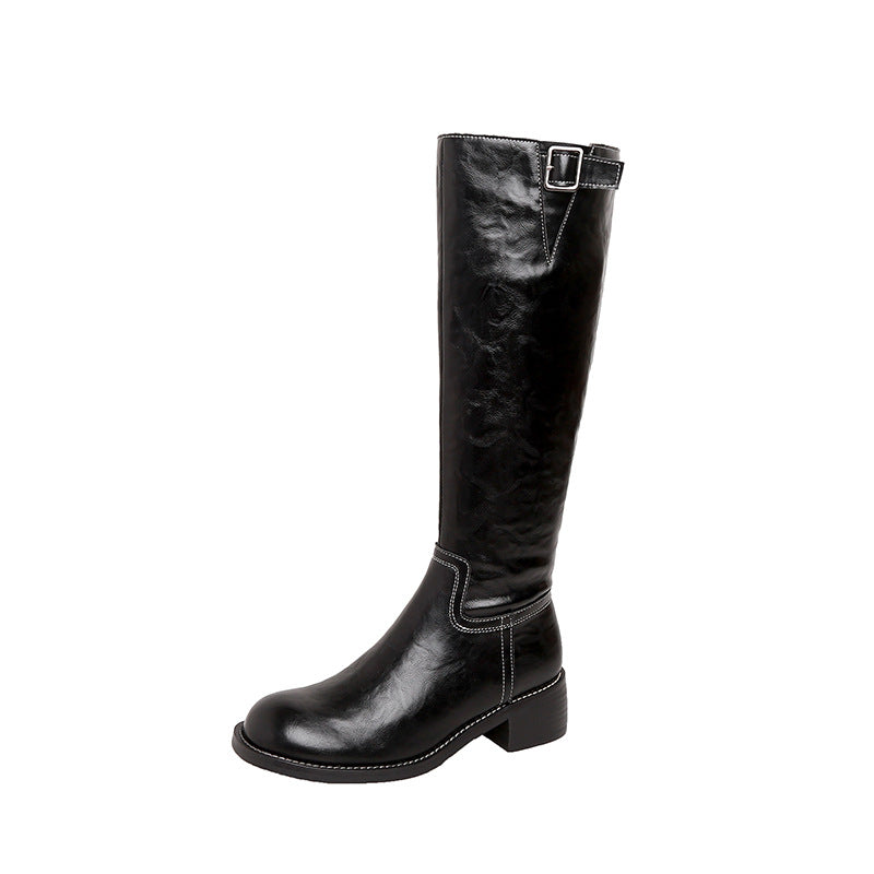Damen kniehohe Lederstiefel mit Zierriegel, kontrastierender Naht und niedrigem Blockabsatz Nord Taschen