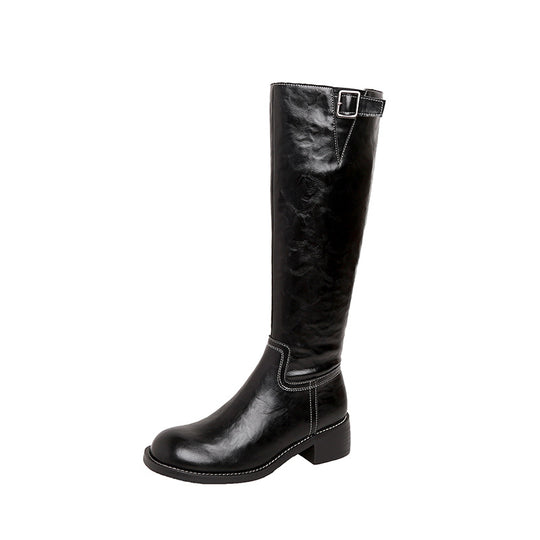 Damen kniehohe Lederstiefel mit Zierriegel, kontrastierender Naht und niedrigem Blockabsatz Nord Taschen