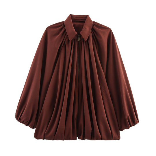 Damen Weite geraffte Blusenjacke mit Reißverschluss und Ballonärmeln Nord Taschen