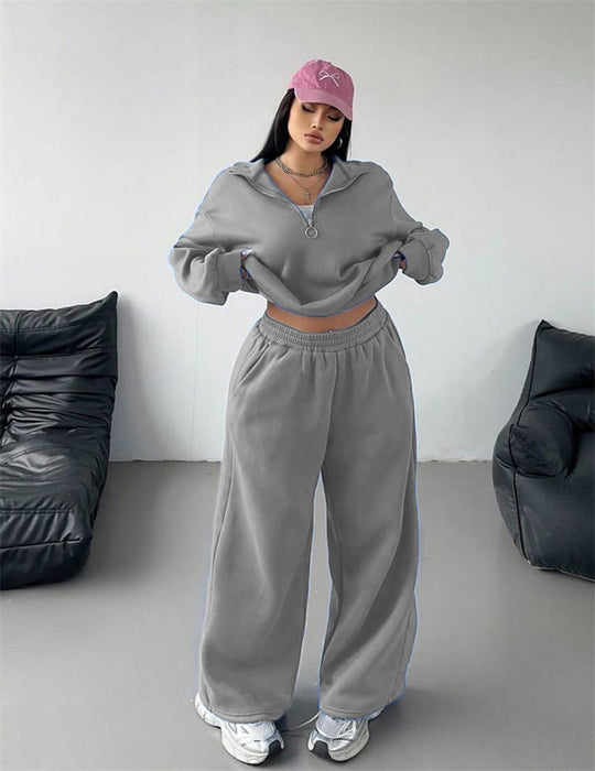 Damen Samt-Cropped-Ziphoodie und weit geschnittene High-Waist Palazzo-Jogginghose Nord Taschen