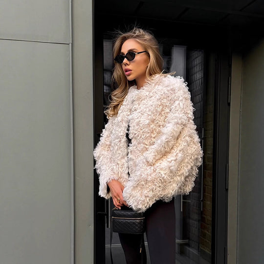 Damen Boxy-Kurzmantel im Locken‑Teddy‑Look mit kastiger Silhouette Nord Taschen