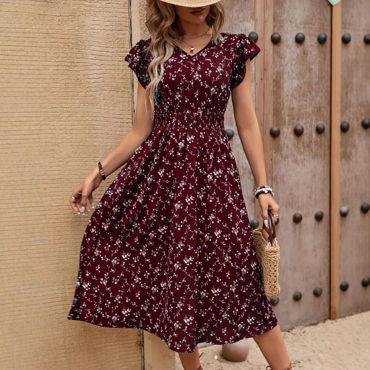 Damen Midikleid mit elastischem Tailleneinsatz und Rüschenärmeln