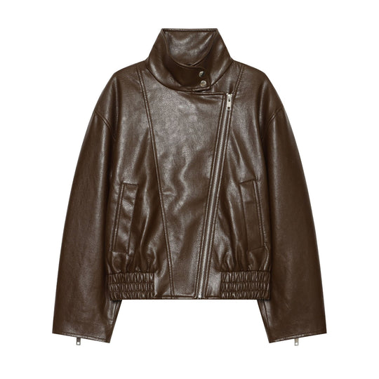 Damen Kurz geschnittene Lederoptik‑Blousonjacke mit Funnelkragen, asymmetrischem Reißverschluss und smocked Bund Nord Taschen