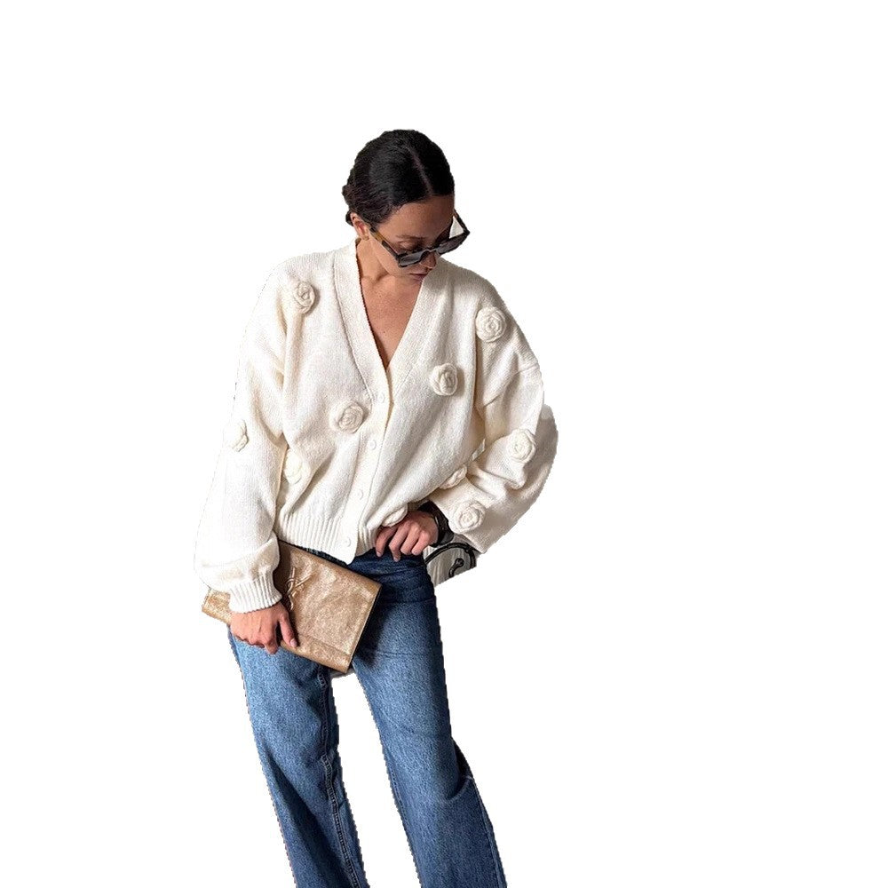 Damen Oversize-Strickcardigan mit dreidimensionalen Rosenapplikationen und V-Ausschnitt Nord Taschen