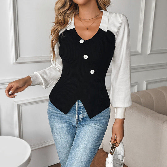 Damen Figurbetonte Strickbluse mit kontrastierenden Ärmeln, V‑Ausschnitt und asymmetrischer Knopfleiste Nord Taschen