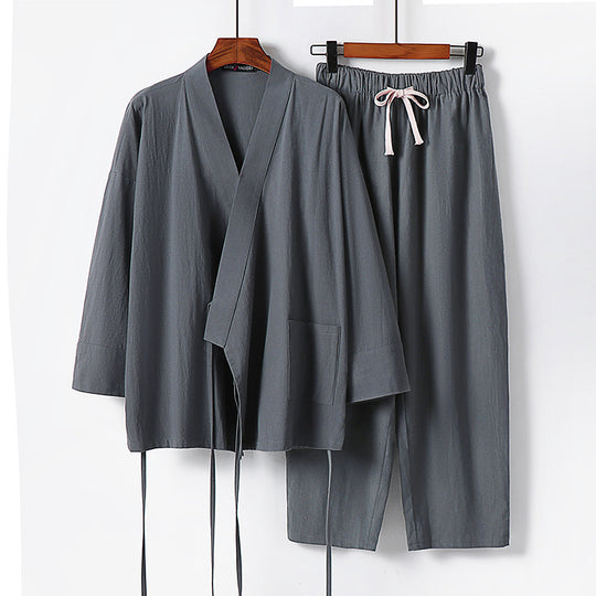 Unisex Leichtes Kimono-Lounge-Set aus weichfallendem Baumwoll-Mix mit Tunnelzughose Nord Taschen