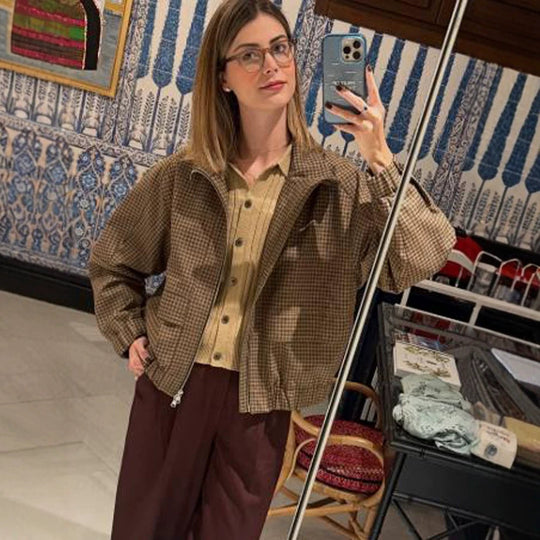 Damen Boxy-Kurzjacke im Glencheck mit elastischem Saum und Reißverschluss Nord Taschen