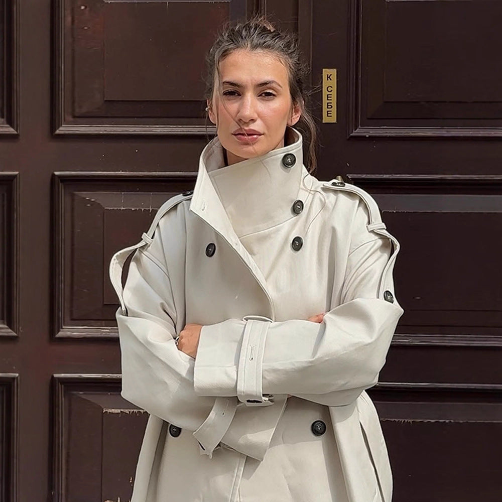Damen tailloser Long-Trenchcoat im Oversize-Schnitt mit doppelter Knopfleiste und Schulterklappen Nord Taschen