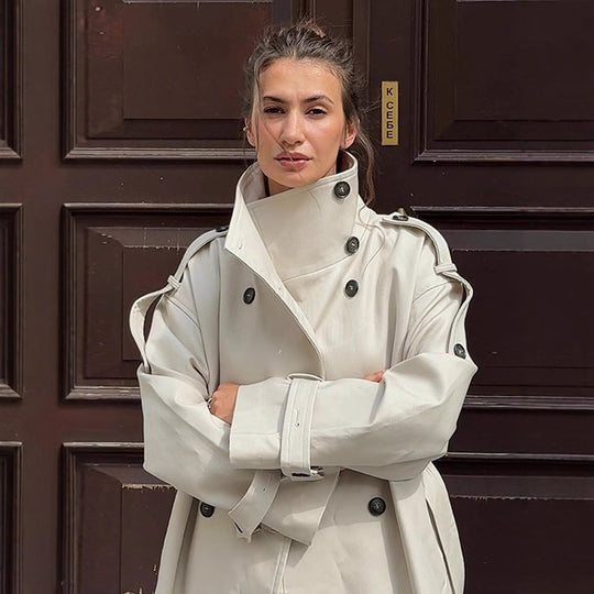 Damen tailloser Long-Trenchcoat im Oversize-Schnitt mit doppelter Knopfleiste und Schulterklappen Nord Taschen