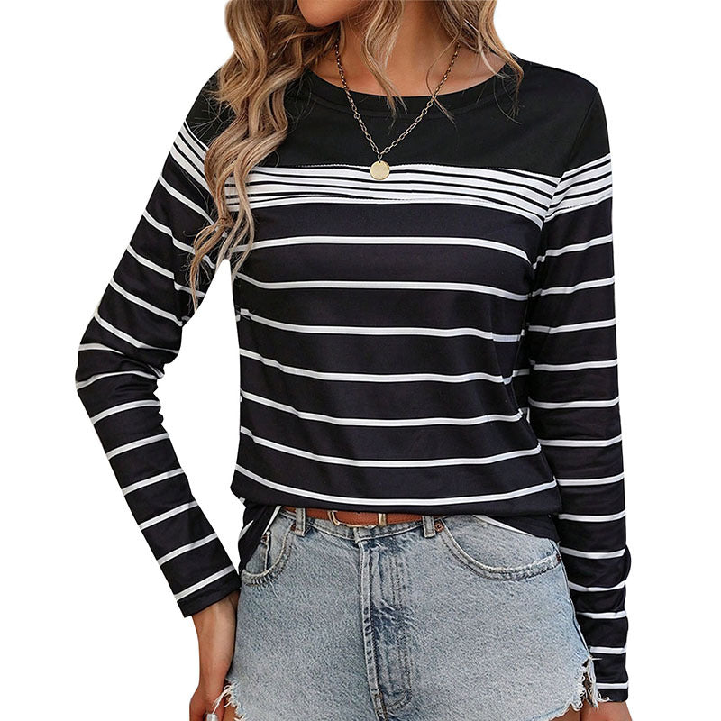 Damen Gestreiftes Langarmshirt mit Rundhalsausschnitt und kontrastiertem Yoke Nord Taschen