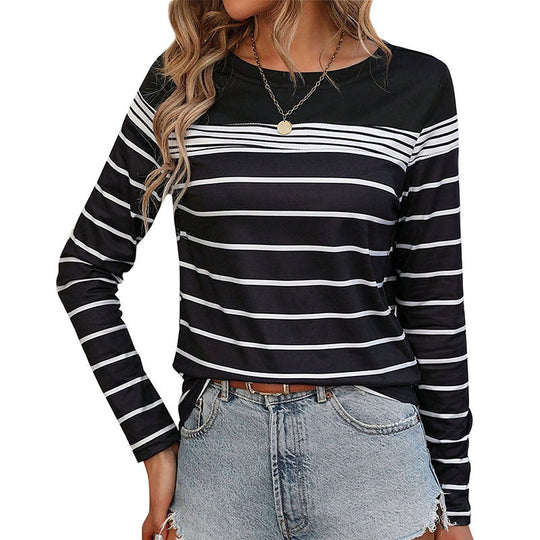 Damen Gestreiftes Langarmshirt mit Rundhalsausschnitt und kontrastiertem Yoke Nord Taschen