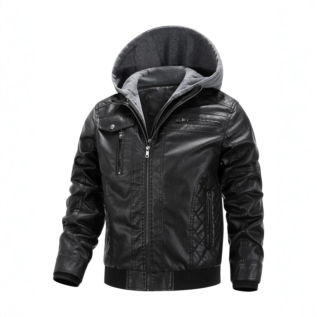 Herren Kunstleder-Bikerjacke mit abnehmbarer Kapuzenblende und gesteppter Seitenpartie Nord Taschen