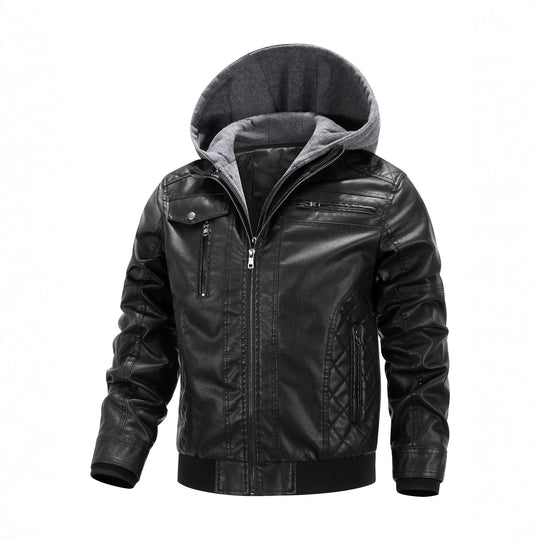 Herren Kunstleder-Bikerjacke mit abnehmbarer Kapuzenblende und gesteppter Seitenpartie Nord Taschen