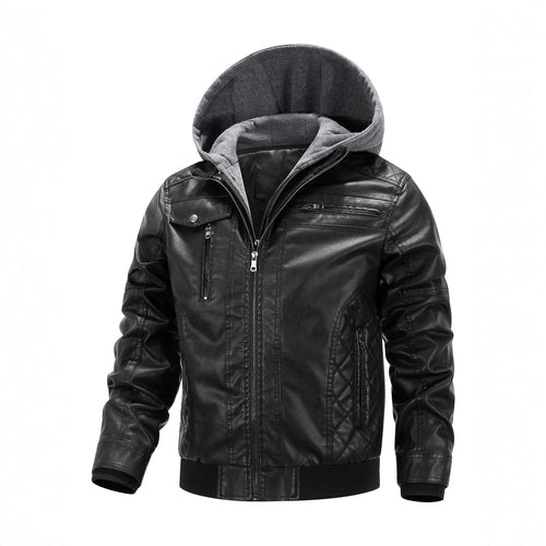 Herren Kunstleder-Bikerjacke mit abnehmbarer Kapuzenblende und gesteppter Seitenpartie Nord Taschen