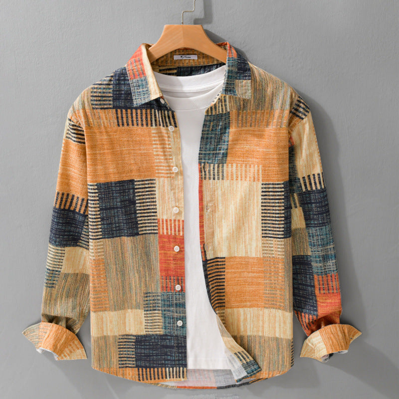 Herren Gemustertes Langarm-Hemd im Patchwork-Look aus leichtem Baumwollmix Relaxed Fit Nord Taschen
