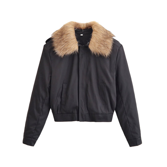 Damen Kurze Bomberjacke mit abnehmbarem Faux-Fur-Kragen Nord Taschen