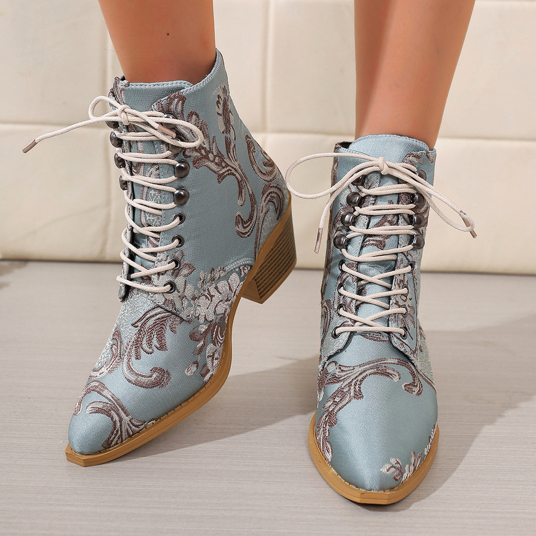 Damen nan bestickte Schnür-Stiefelette mit Jacquard-Brokatmuster und niedrigem Blockabsatz Nord Taschen