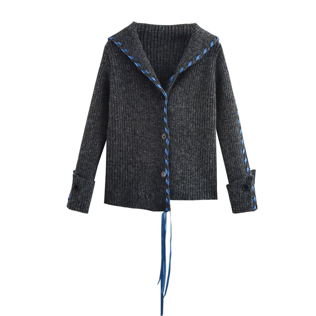 Damen Gerippte Strickjacke mit Matrosenkragen, Zierband‑Schnürung und Knopfleiste Nord Taschen