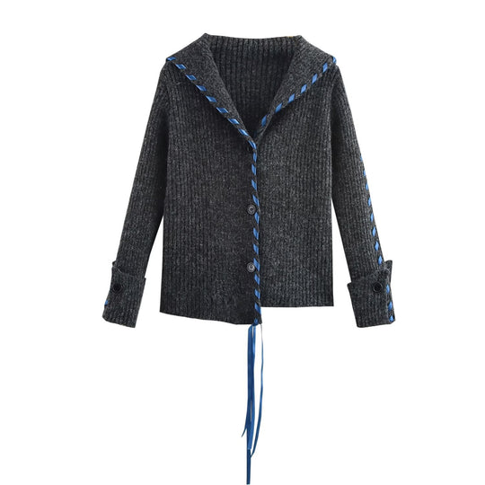 Damen Gerippte Strickjacke mit Matrosenkragen, Zierband‑Schnürung und Knopfleiste Nord Taschen
