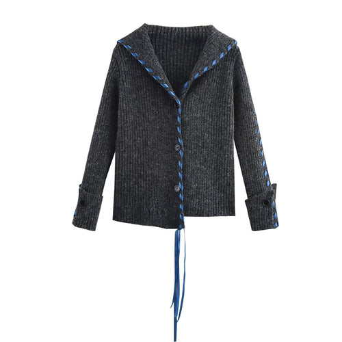 Damen Gerippte Strickjacke mit Matrosenkragen, Zierband‑Schnürung und Knopfleiste Nord Taschen