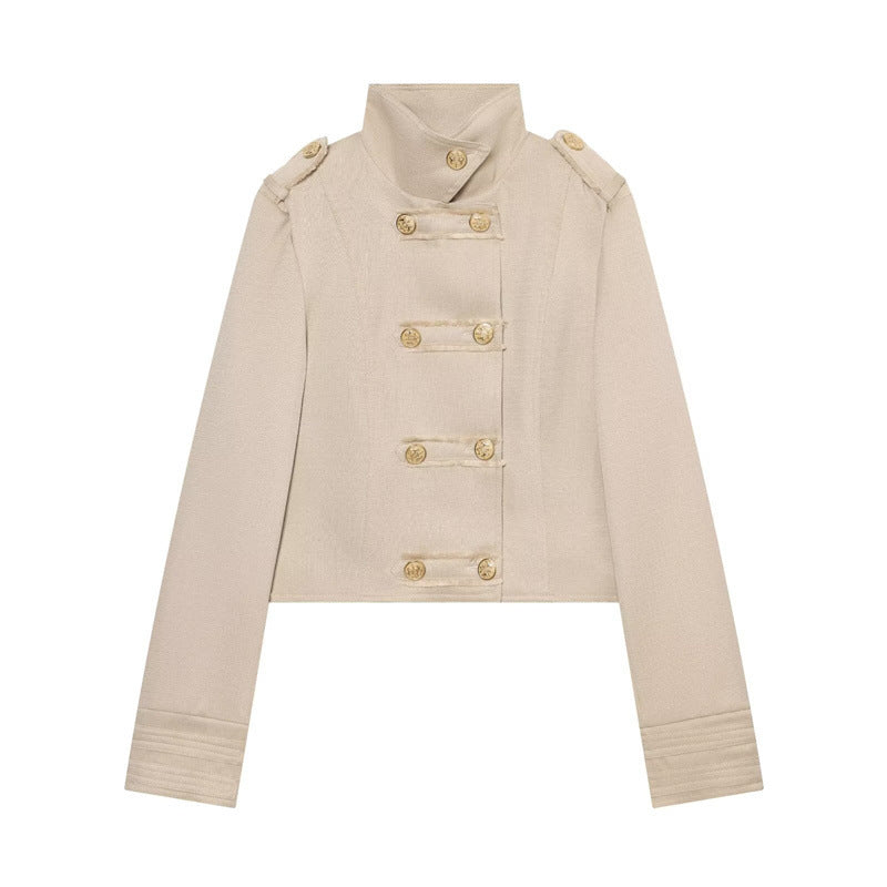 Damen Cropped Militärblazer mit Stehkragen, Epauletten und dekorativer Zierknopfleiste Nord Taschen
