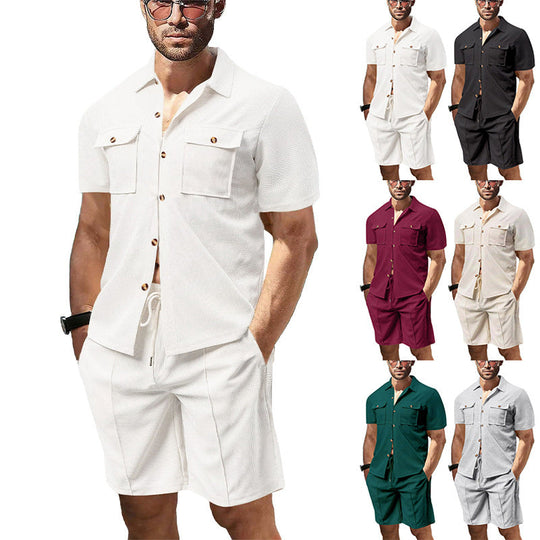 Herren nan modernes Kurzarm-Hemden-Set im Resortstil mit aufgesetzten Pattentaschen, offenem Reverskragen und Kordelzug-Bermuda aus Strukturjersey