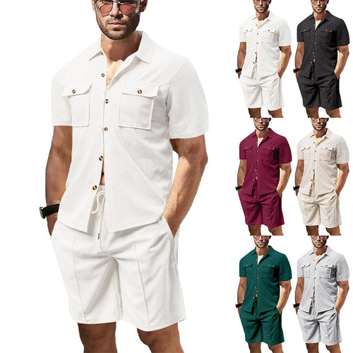 Herren nan modernes Kurzarm-Hemden-Set im Resortstil mit aufgesetzten Pattentaschen, offenem Reverskragen und Kordelzug-Bermuda aus Strukturjersey