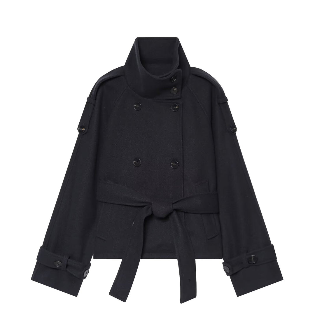 Damen Kurzer zweireihiger Cape-Mantel aus Wolle mit Stehkragen Schulterklappen und Bindegürtel Nord Taschen