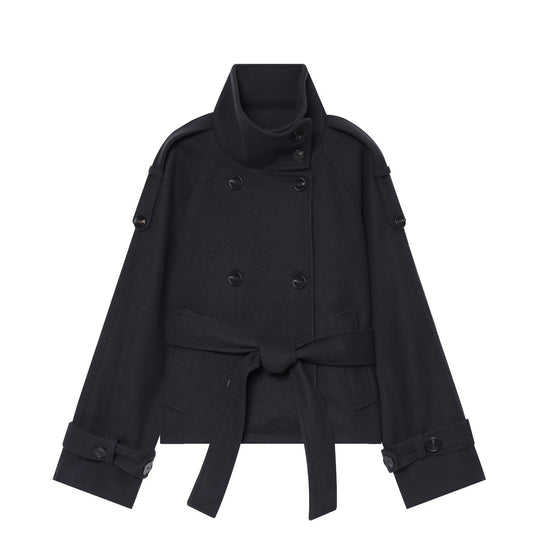 Damen Kurzer zweireihiger Cape-Mantel aus Wolle mit Stehkragen Schulterklappen und Bindegürtel Nord Taschen