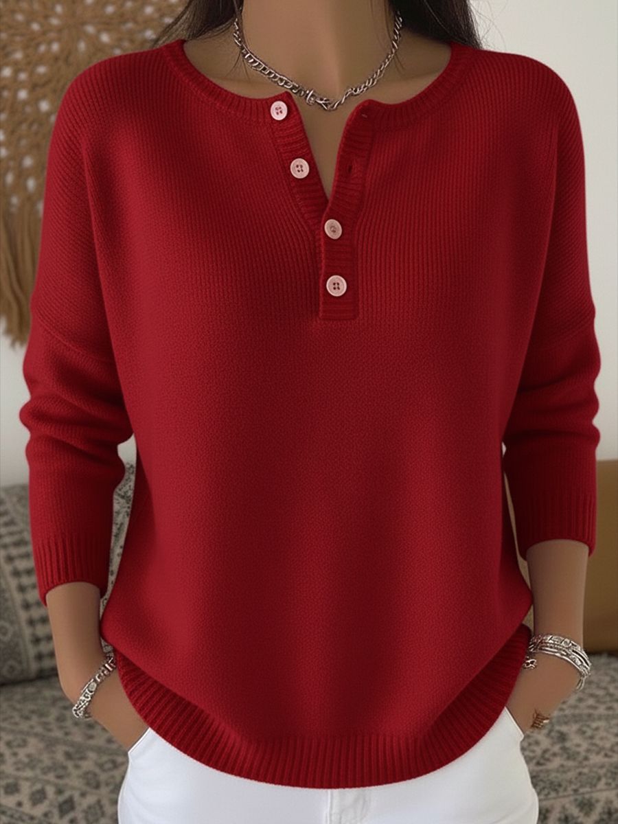 Damen Bequemer und eleganter Strickpullover mit Knopfleiste Nord Taschen