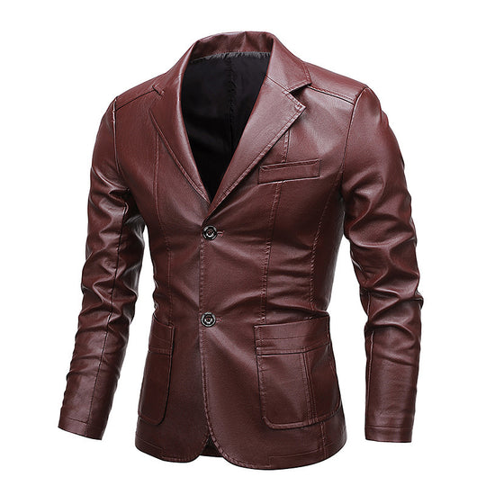 Herren Slim-Fit Kunstleder-Sakko mit Reverskragen und aufgesetzten Pattentaschen Nord Taschen