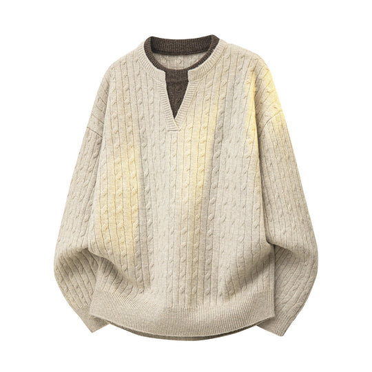 Damen Oversize Zopfstrick-Pullover mit V‑Ausschnitt und Lagenkragen Nord Taschen