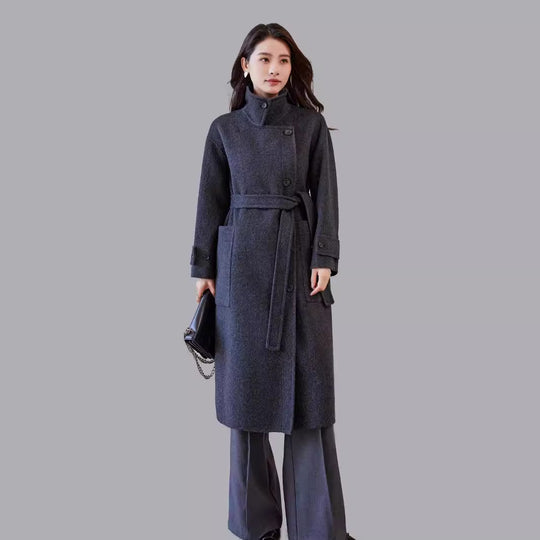 Damen Oversize Wollmantel mit Bindegürtel und weitem Revers Nord Taschen