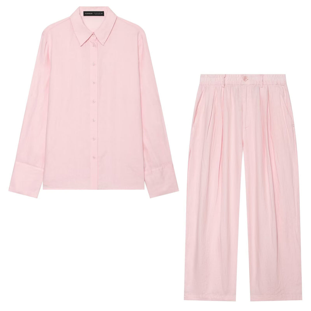 Damen Zweiteiliges Satin-Set mit weichem Oversized-Hemd und hochgeschnittener Palazzo-Hose Nord Taschen