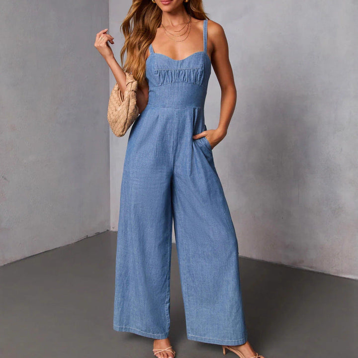 Damen lässiger Denim-Jumpsuit mit elegantem Bustier-Oberteil und weitem Bein