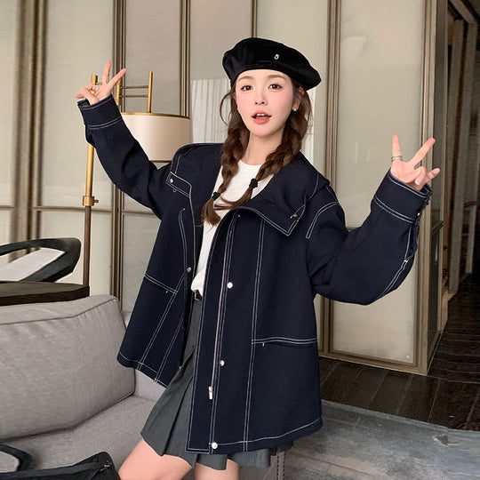Damen Kurzjacke mit hohem Stehkragen, kontrastierenden Ziernähten und kastiger Oversize‑Silhouette Nord Taschen