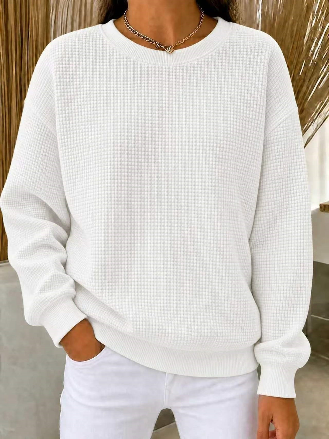 Damen Lockeres Waffelstrick-Sweatshirt mit Rundhalsausschnitt und Rippbündchen Nord Taschen