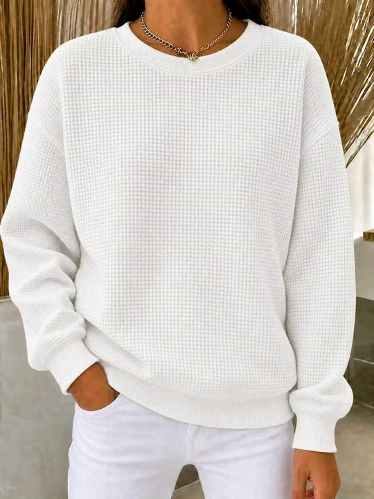 Damen Lockeres Waffelstrick-Sweatshirt mit Rundhalsausschnitt und Rippbündchen Nord Taschen
