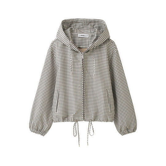 Damen Kariertes Cropped Kapuzenjacke mit Tunnelzug und Reißverschluss Nord Taschen