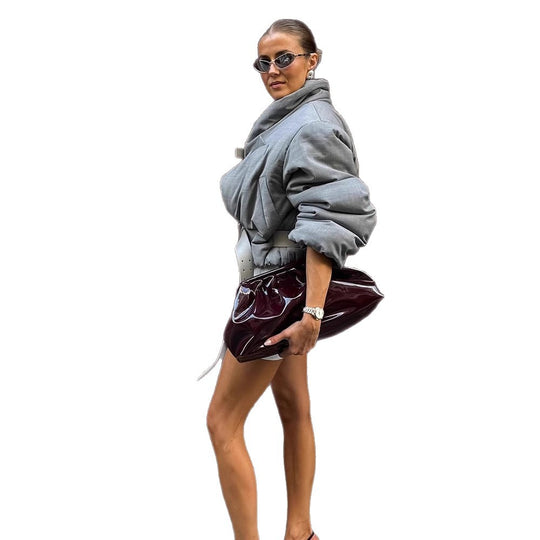 Damen wattierter Oversize-Blazer mit hohem Schalkragen und Taillengürtel Nord Taschen