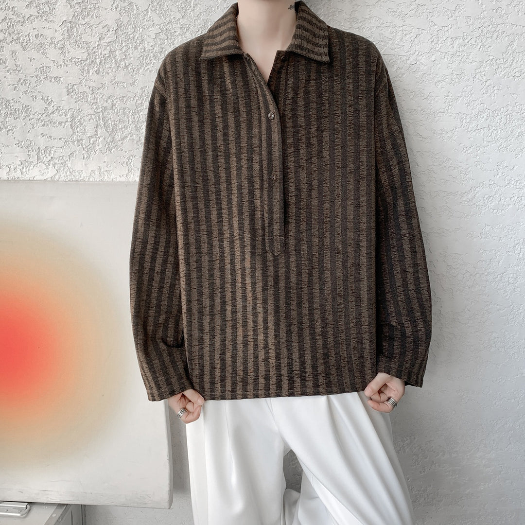 Herren Oversize Langarm-Hemd mit Polokragen, gestreifter Struktur & halber Knopfleiste Nord Taschen