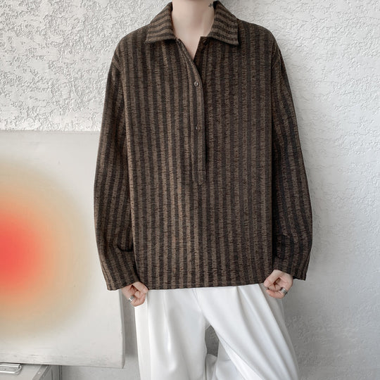 Herren Oversize Langarm-Hemd mit Polokragen, gestreifter Struktur & halber Knopfleiste Nord Taschen
