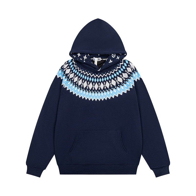 Unisex Oversize Kapuzenpullover mit nordischem Rundpasse-Jacquard, Kängurutasche und Rippbündchen Nord Taschen