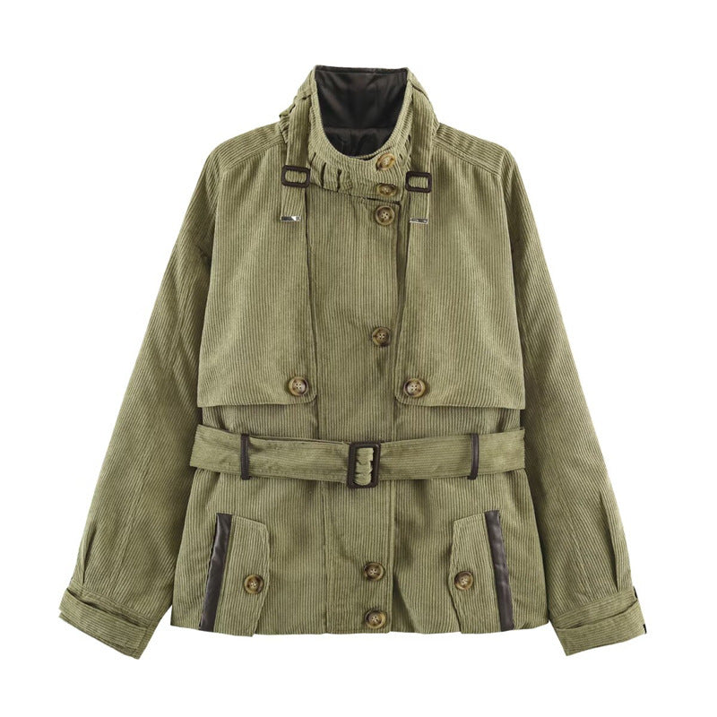 Damen Kurze Cord-Trenchjacke mit Taillengürtel, Cape-Detail und Stehkragen Nord Taschen